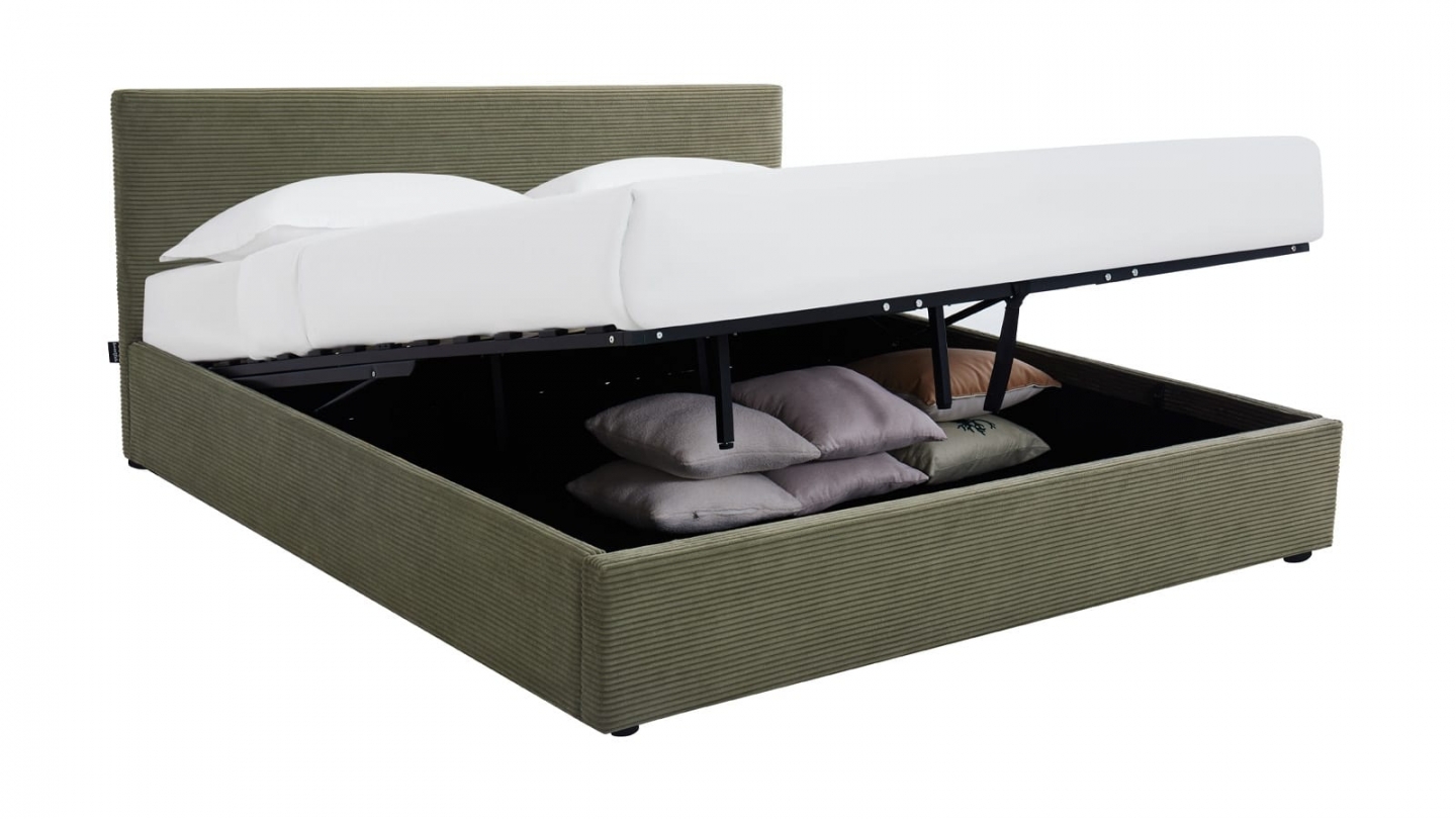 Ensemble Lit coffre adulte 160x200cm avec tête de lit en velours côtelé vert - Tina + Matelas mémoire de forme - Dual Confort