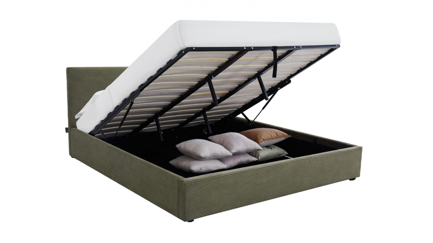 Ensemble Lit coffre adulte 160x200cm avec tête de lit en velours côtelé vert - Tina + Matelas mémoire de forme - Dual Confort