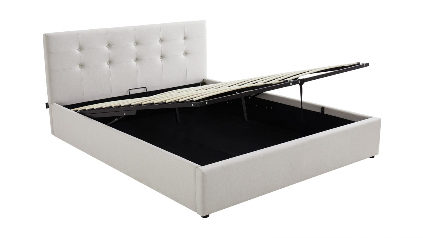 Ensemble Lit coffre adulte 140x190cm avec tête de lit en tissu beige - Tina + Matelas ressorts ensachés - Spring Elite