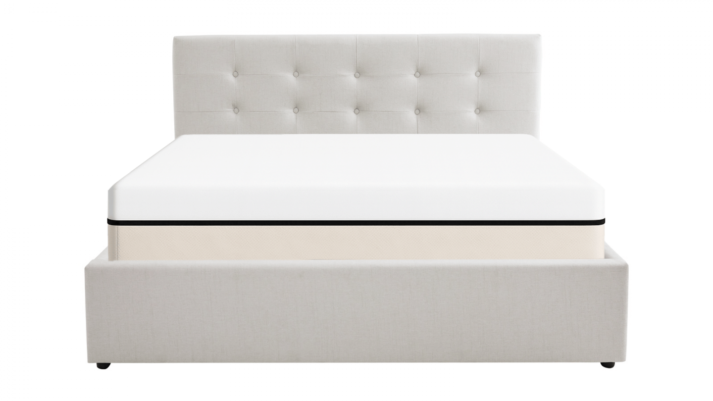 Ensemble Lit coffre adulte 160x200cm avec tête de lit en tissu beige - Tina + Matelas ressorts ensachés - Spring Elite