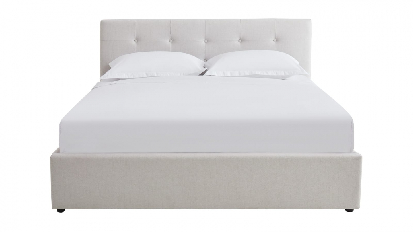 Ensemble Lit coffre adulte 160x200cm avec tête de lit en tissu beige - Tina + Matelas ressorts ensachés - Spring Elite