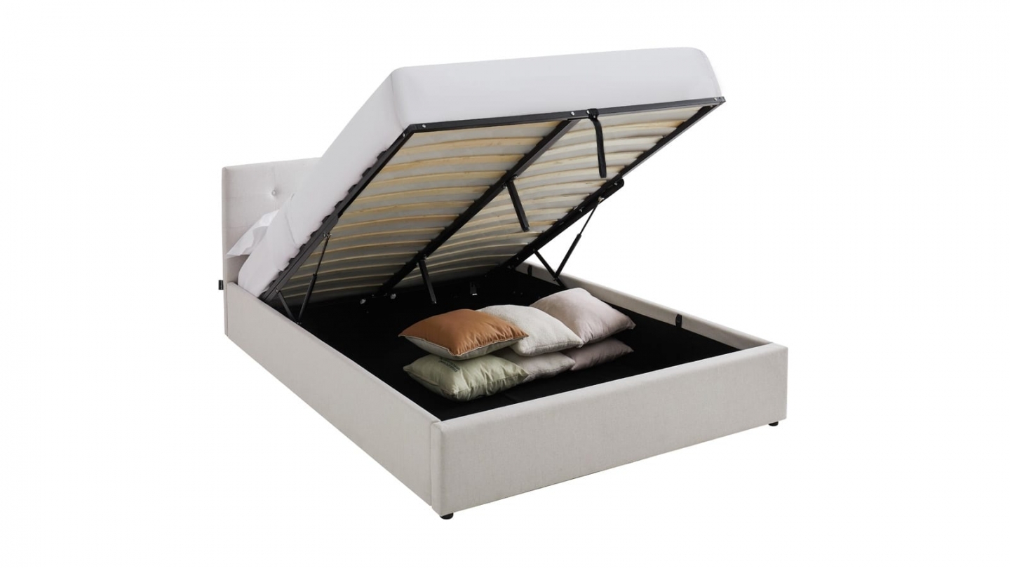 Ensemble Lit coffre adulte 160x200cm avec tête de lit en tissu beige - Tina + Matelas ressorts ensachés - Spring Elite