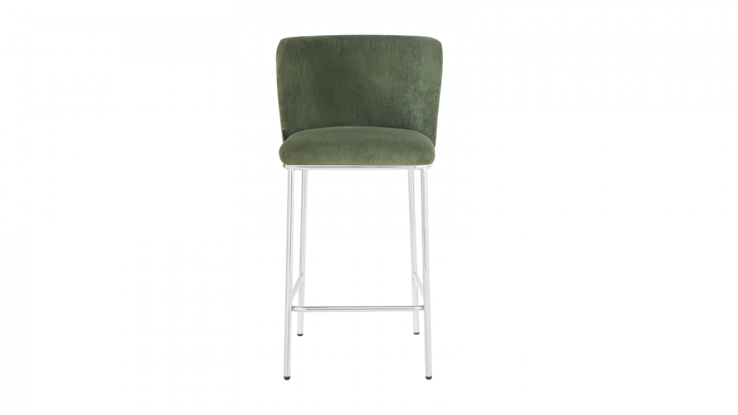 Lot de 2 tabourets de bar en velours côtelé vert kaki, piètement chromé - Toma