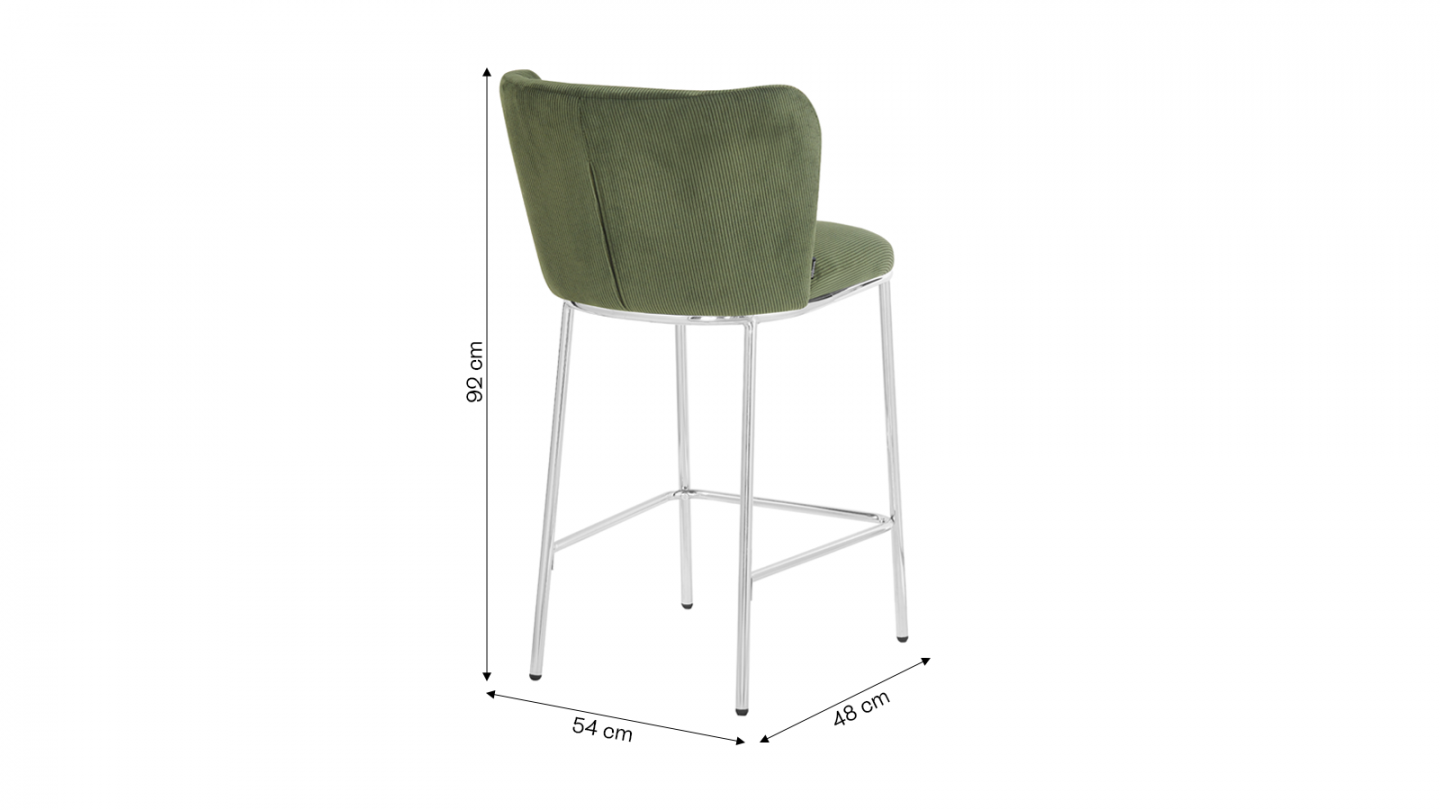 Lot de 2 tabourets de bar en velours côtelé vert kaki, piètement chromé - Toma