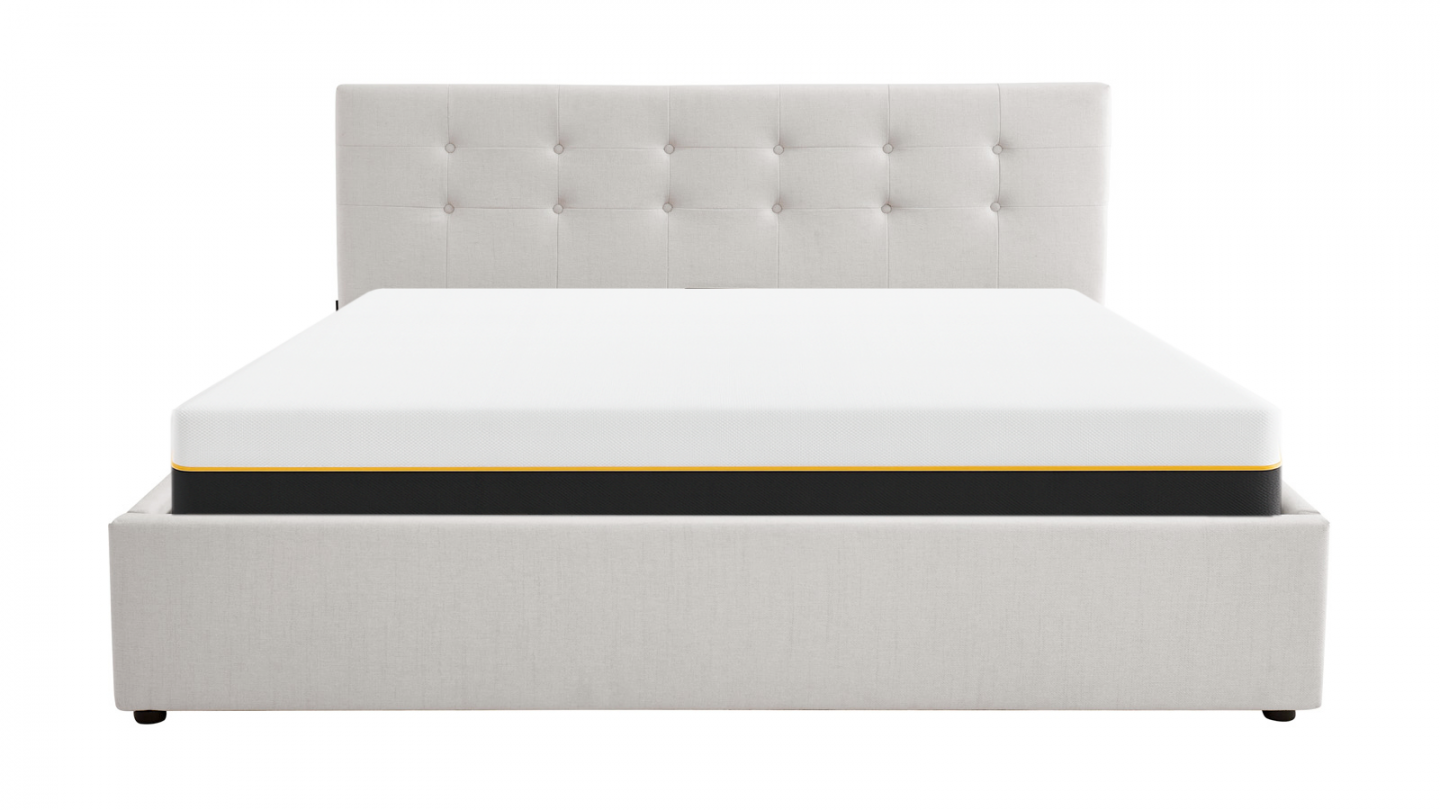 Ensemble Lit coffre adulte 180x200cm avec tête de lit en tissu beige - Tina + Matelas mémoire de forme - Dual Confort