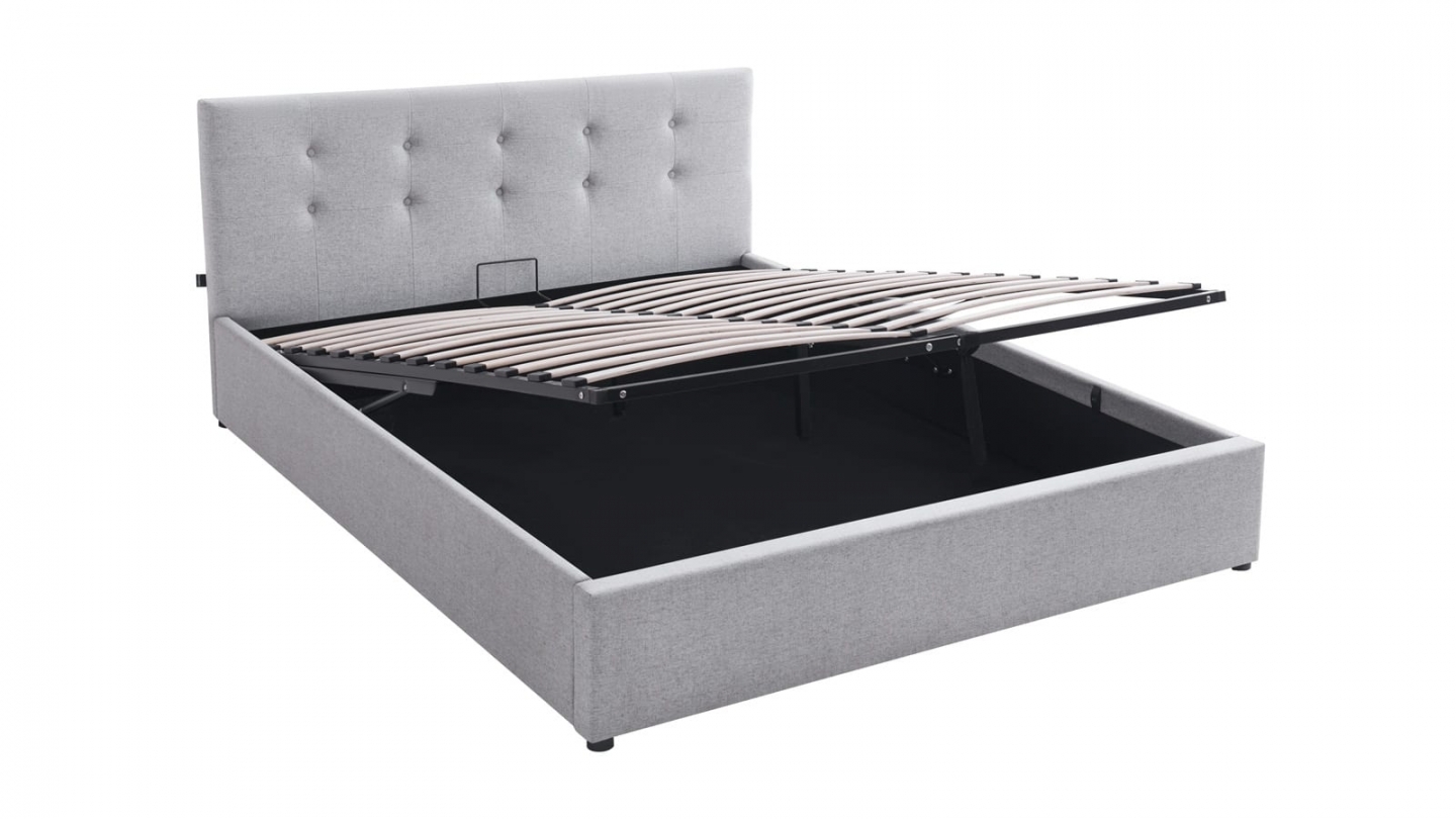 Ensemble Lit coffre adulte 140x190cm avec tête de lit en tissu gris - Tina + Matelas ressorts ensachés - Spring Elite