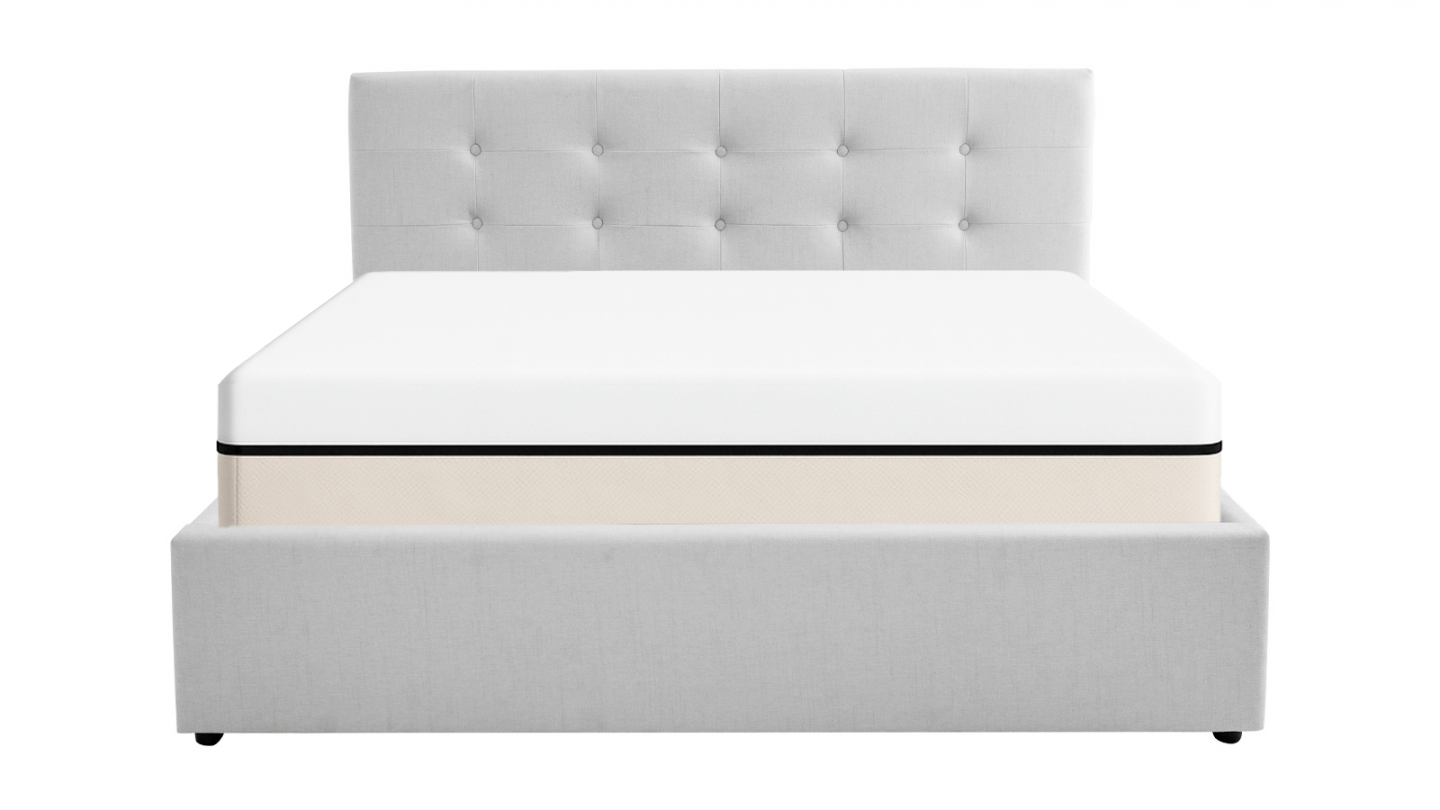 Ensemble Lit coffre adulte 160x200cm avec tête de lit en tissu gris - Tina + Matelas ressorts ensachés - Spring Elite