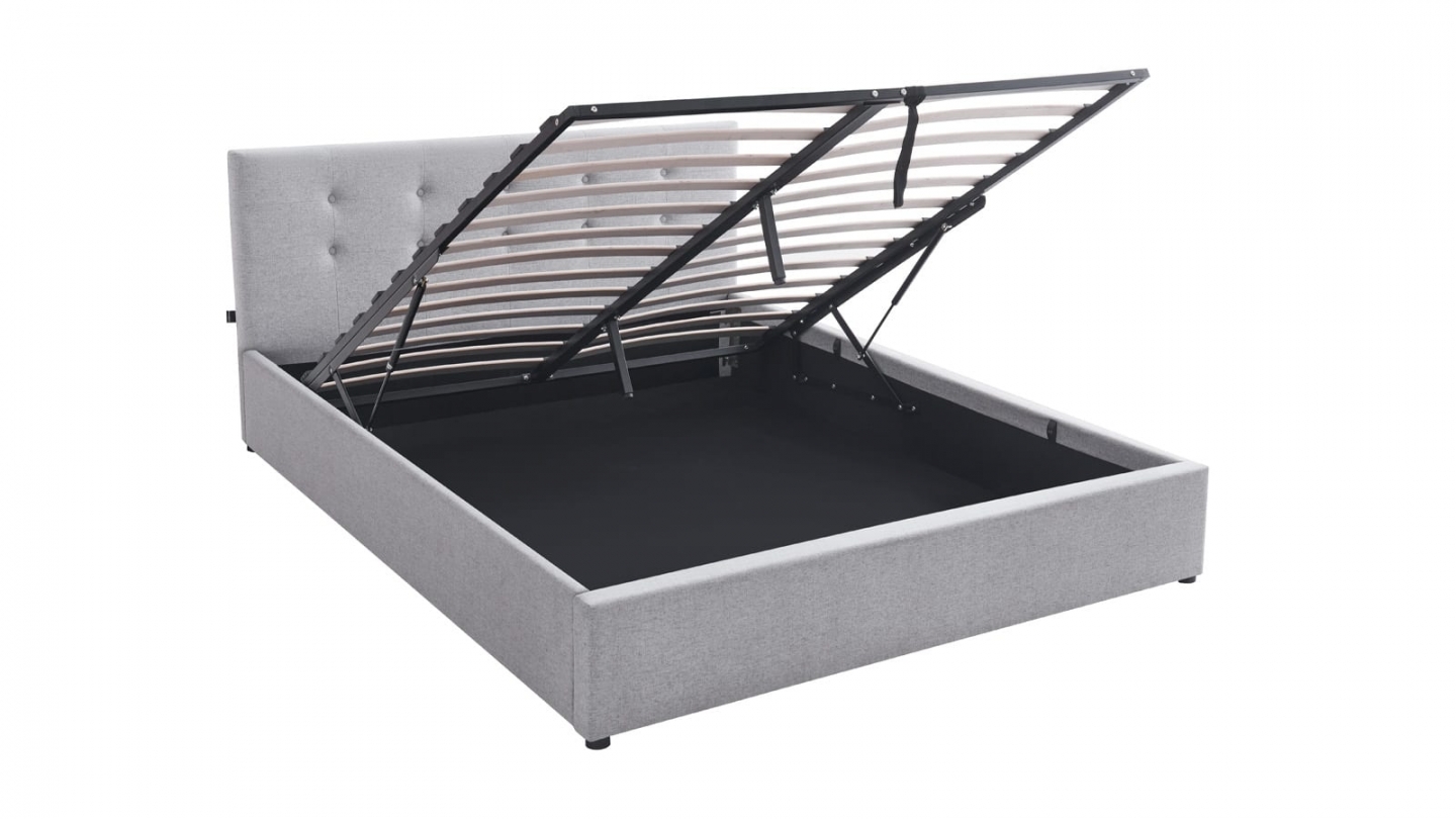 Ensemble Lit coffre adulte 160x200cm avec tête de lit en tissu gris - Tina + Matelas ressorts ensachés - Spring Elite