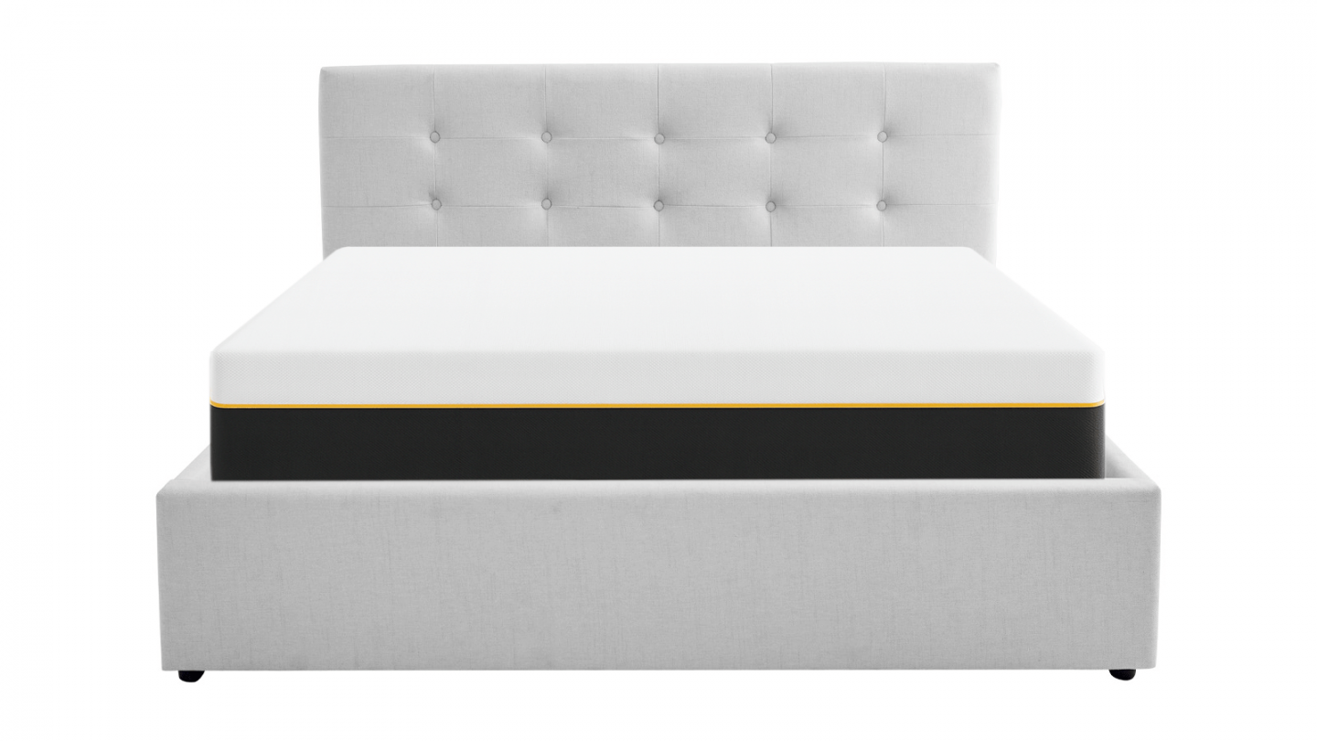 Ensemble Lit coffre adulte 140x190cm avec tête de lit en tissu gris - Tina + Matelas mémoire de forme - Dual Confort Ensemble Lit coffre adulte 140x190cm avec tête de lit en tissu gris - Tina + Matelas mémoire de forme - Dual Confort