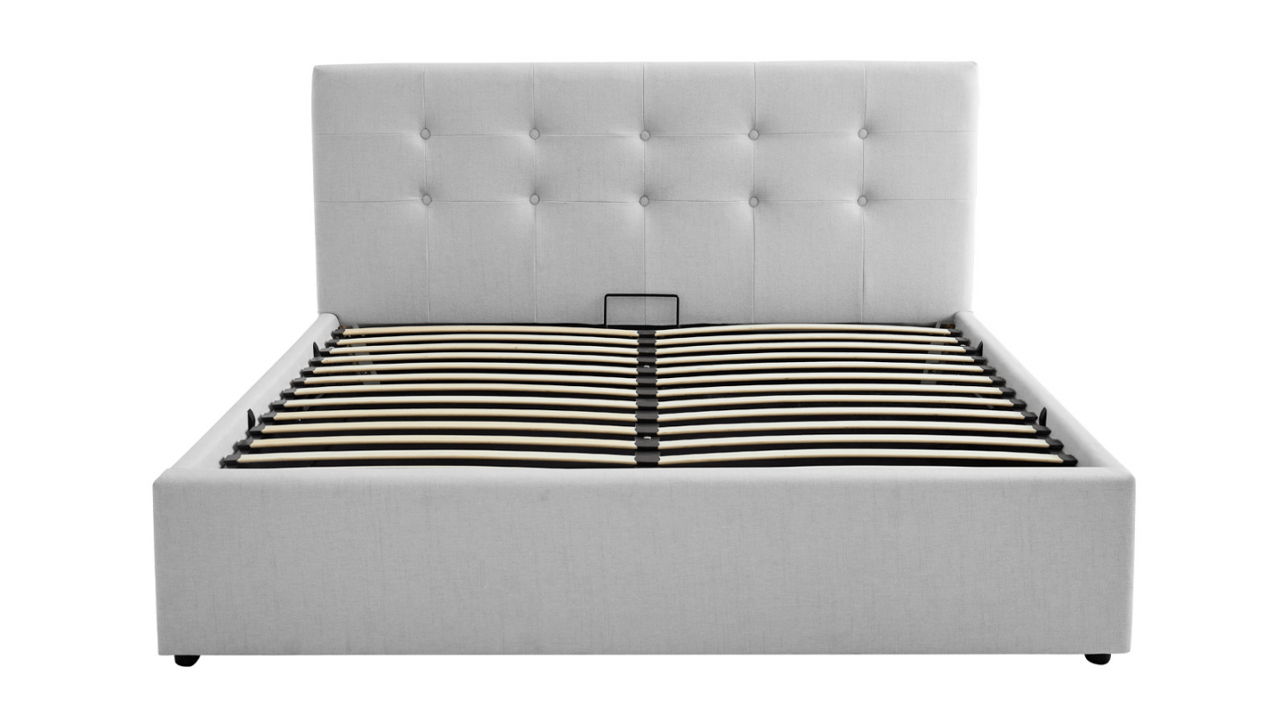 Ensemble Lit coffre adulte 140x190cm avec tête de lit en tissu gris - Tina + Matelas mémoire de forme - Dual Confort Ensemble Lit coffre adulte 140x190cm avec tête de lit en tissu gris - Tina + Matelas mémoire de forme - Dual Confort