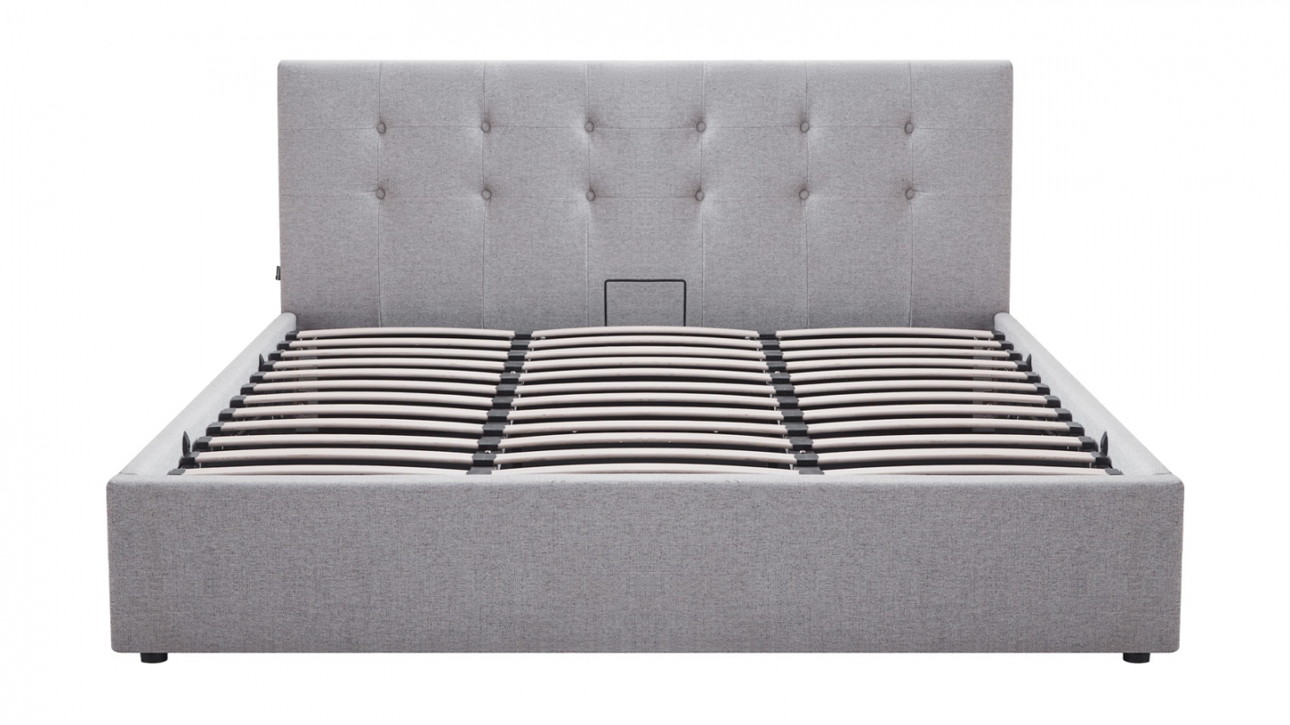 Ensemble Lit coffre adulte 180x200cm avec tête de lit en tissu gris - Tina + Matelas mémoire de forme - Dual Confort