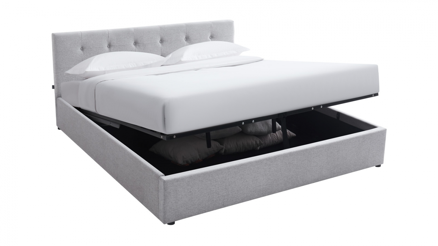 Ensemble Lit coffre adulte 180x200cm avec tête de lit en tissu gris - Tina + Matelas mémoire de forme - Dual Confort