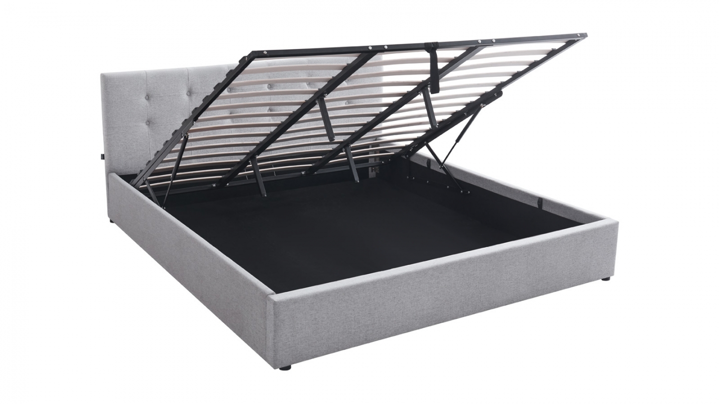 Ensemble Lit coffre adulte 180x200cm avec tête de lit en tissu gris - Tina + Matelas mémoire de forme - Dual Confort