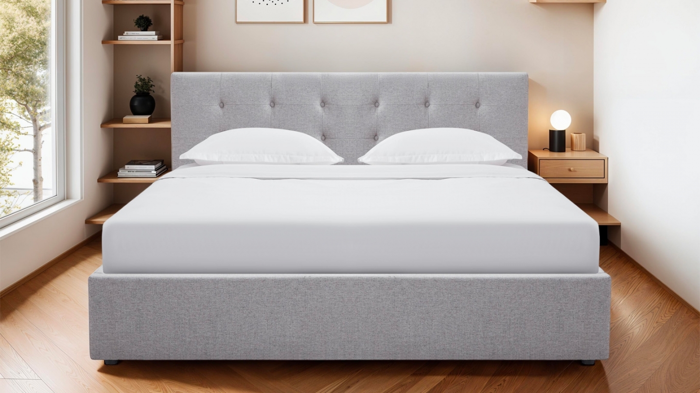 Ensemble Lit coffre adulte 180x200cm avec tête de lit en tissu gris - Tina + Matelas mémoire de forme - Dual Confort
