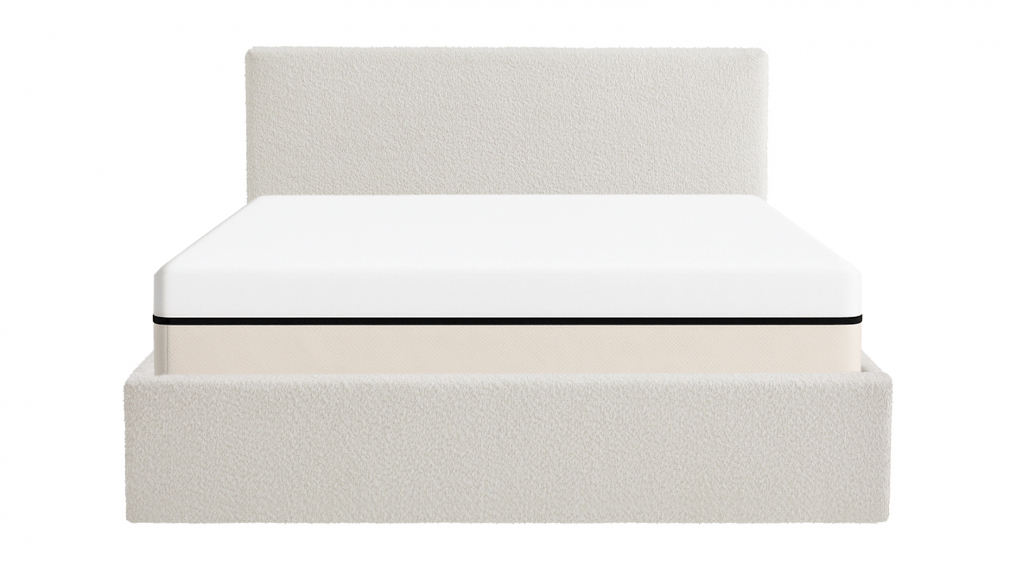 Ensemble Lit coffre adulte 140x190cm avec tête de lit en tissu bouclé beige - Tina + Matelas ressorts ensachés - Spring Elite