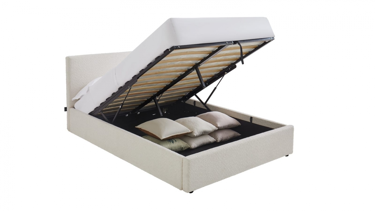 Ensemble Lit coffre adulte 140x190cm avec tête de lit en tissu bouclé beige - Tina + Matelas ressorts ensachés - Spring Elite