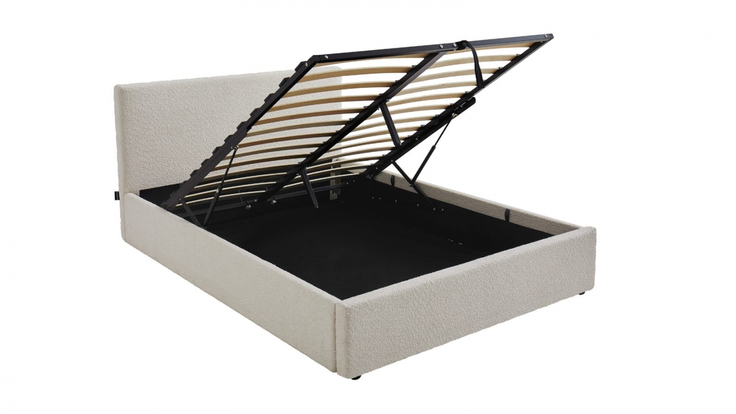 Ensemble Lit coffre adulte 140x190cm avec tête de lit en tissu bouclé beige - Tina + Matelas ressorts ensachés - Spring Elite