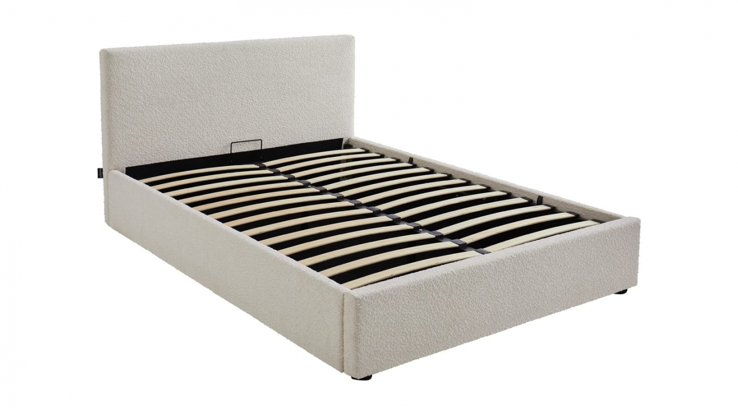 Ensemble Lit coffre adulte 140x190cm avec tête de lit en tissu bouclé beige - Tina + Matelas mémoire de forme - Dual Confort Ensemble Lit coffre adulte 140x190cm avec tête de lit en tissu bouclé beige - Tina + Matelas mémoire de forme - Dual Confort