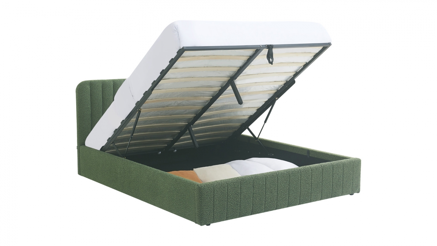Lit coffre adulte 160x200 cm avec tête de lit capitonnée en tissu bouclé vert - Ava