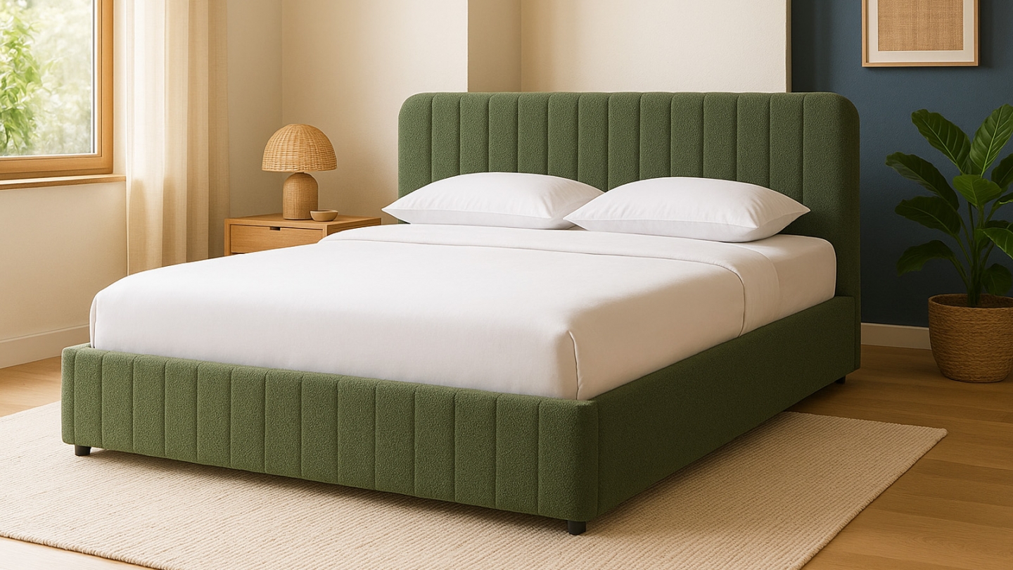 Lit coffre adulte 160x200 cm avec tête de lit capitonnée en tissu bouclé vert - Ava