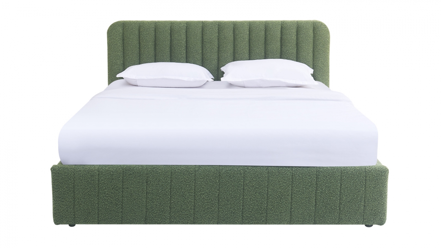 Lit coffre adulte 140x190 cm avec tête de lit capitonnée en tissu bouclé vert - Ava