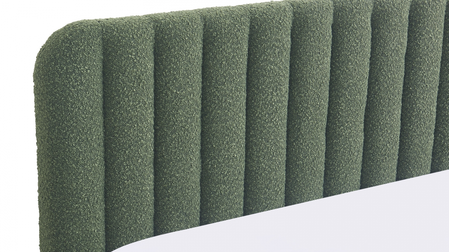 Lit coffre adulte 140x190 cm avec tête de lit capitonnée en tissu bouclé vert - Ava