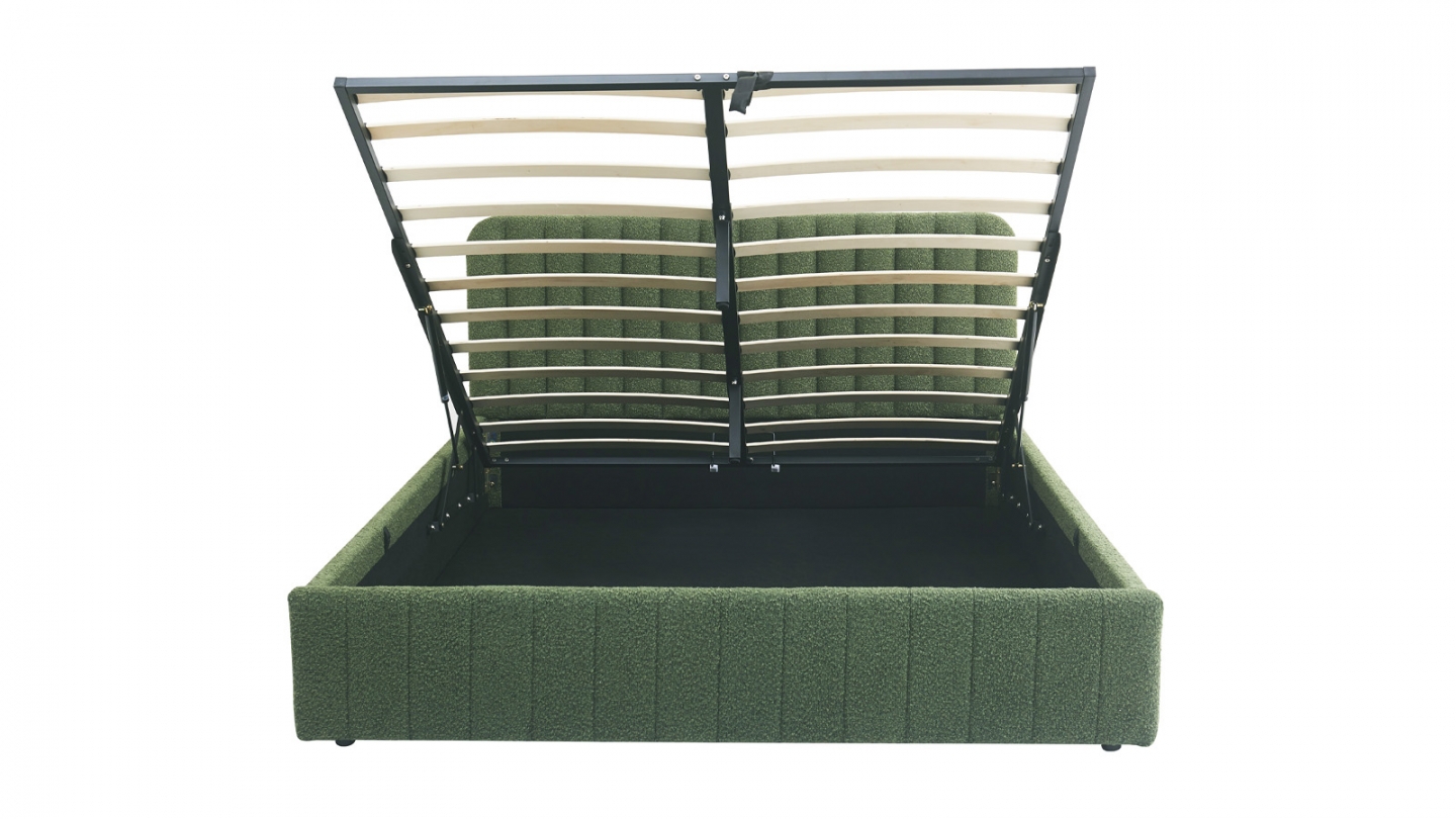 Lit coffre adulte 140x190 cm avec tête de lit capitonnée en tissu bouclé vert - Ava