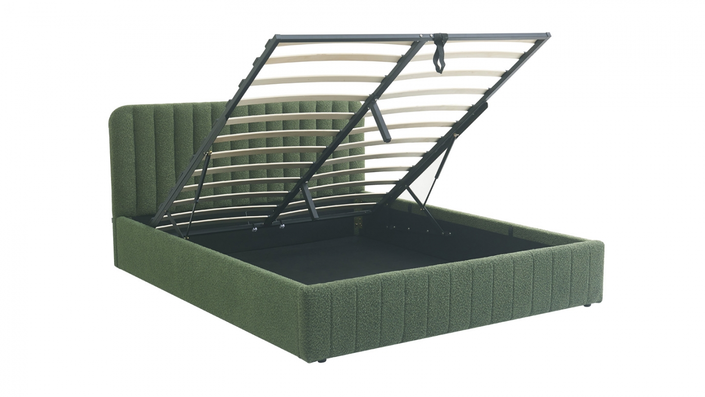 Lit coffre adulte 140x190 cm avec tête de lit capitonnée en tissu bouclé vert - Ava