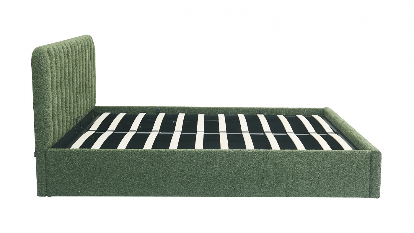 Lit coffre adulte 140x190 cm avec tête de lit capitonnée en tissu bouclé vert - Ava