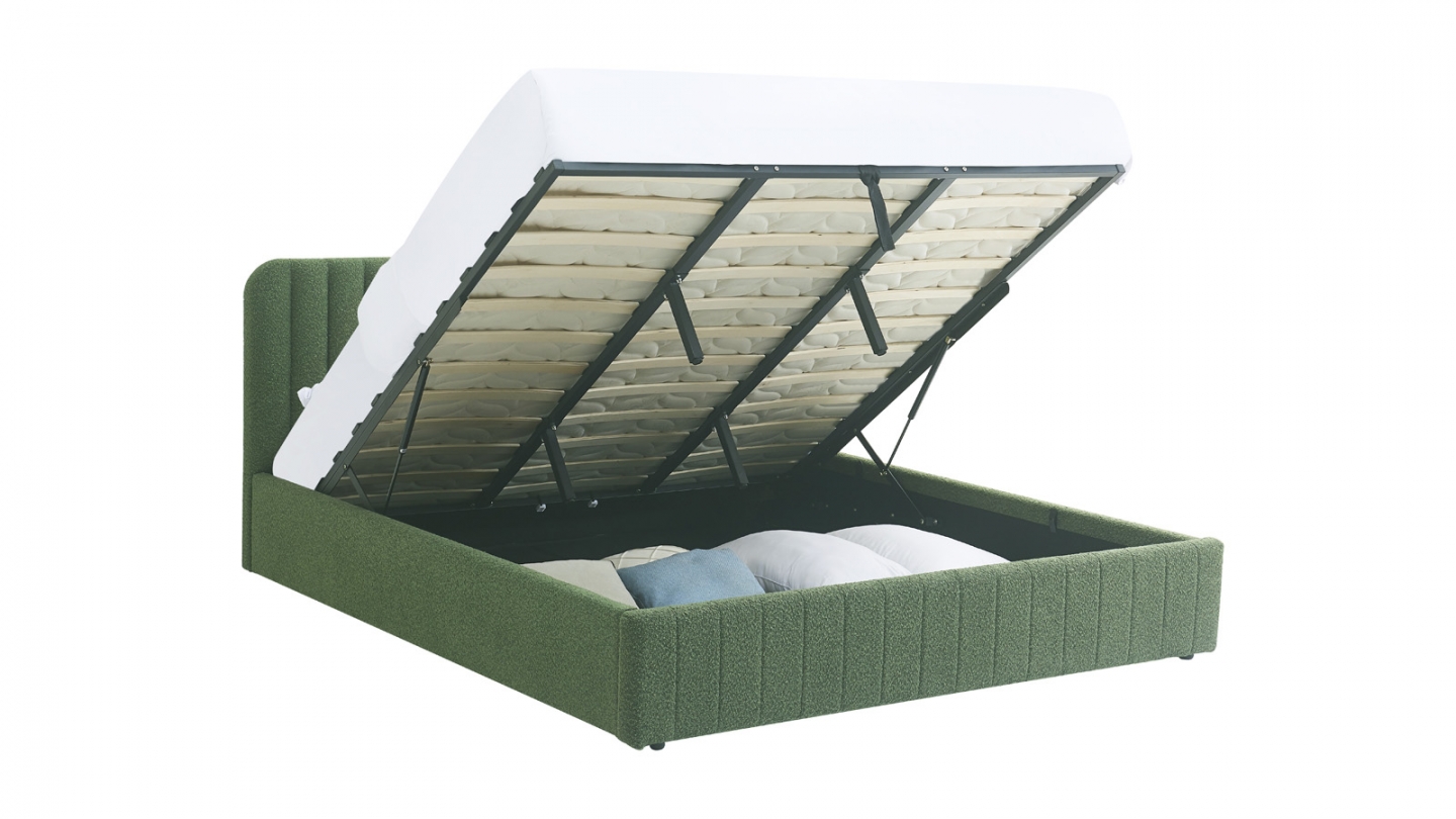 Lit coffre adulte 180x200 cm avec tête de lit capitonnée en tissu bouclé vert - Ava