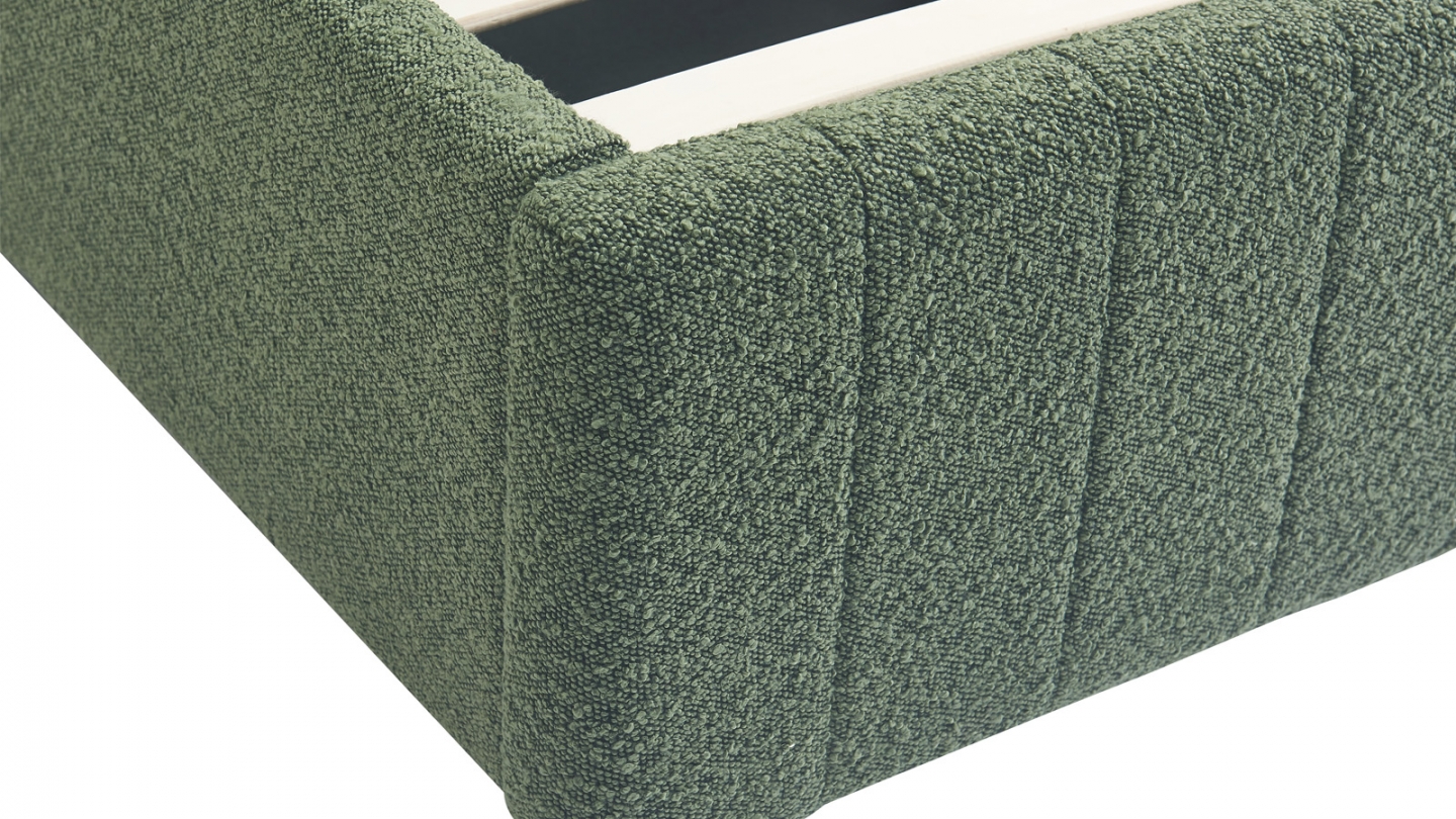 Lit coffre adulte 180x200 cm avec tête de lit capitonnée en tissu bouclé vert - Ava
