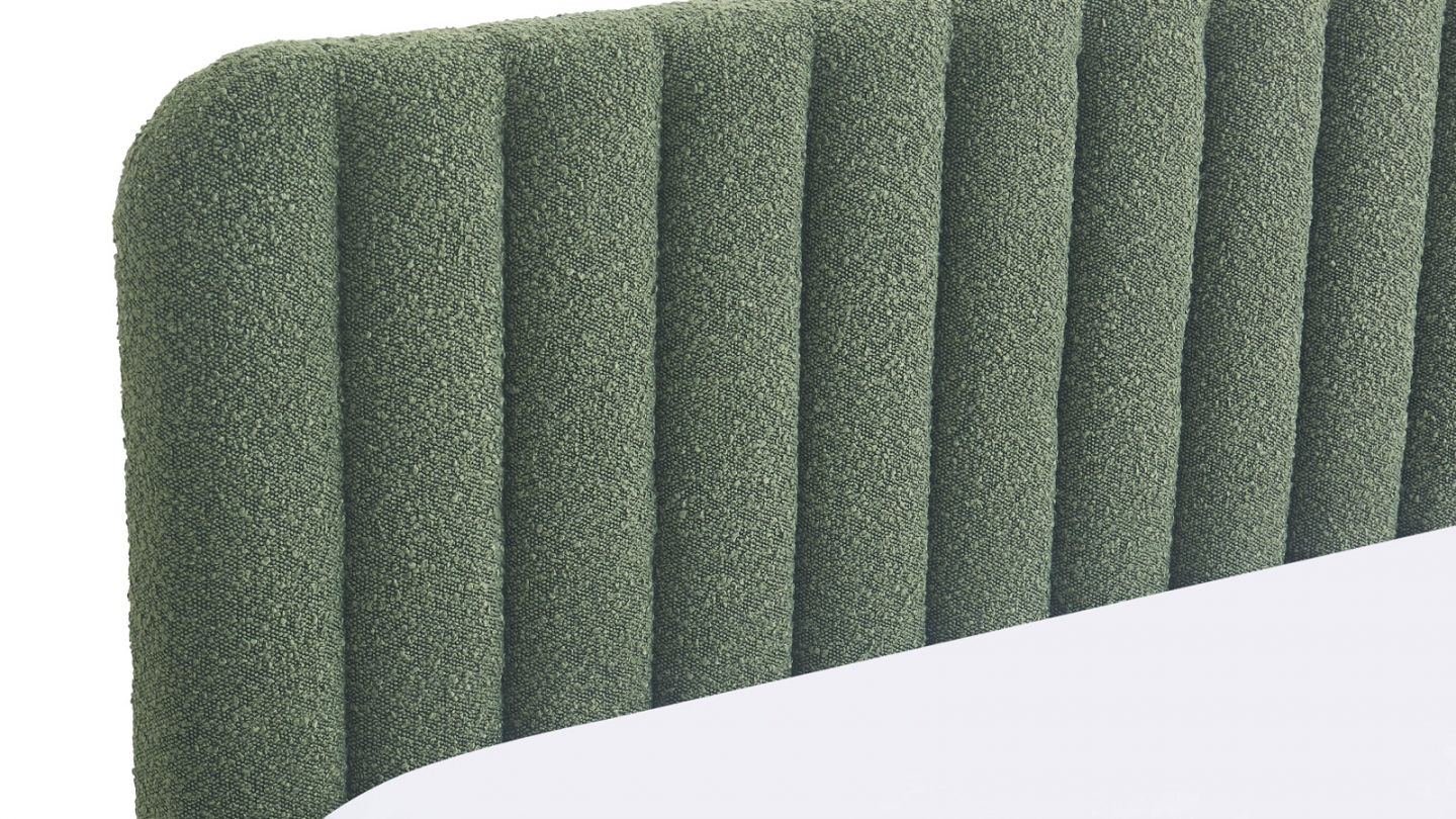 Lit coffre adulte 180x200 cm avec tête de lit capitonnée en tissu bouclé vert - Ava