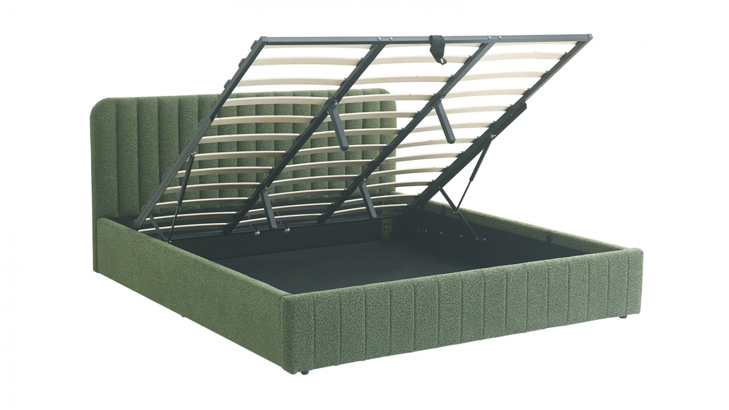 Lit coffre adulte 180x200 cm avec tête de lit capitonnée en tissu bouclé vert - Ava