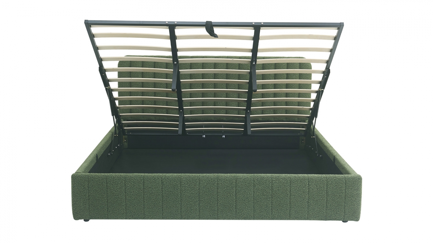 Lit coffre adulte 180x200 cm avec tête de lit capitonnée en tissu bouclé vert - Ava