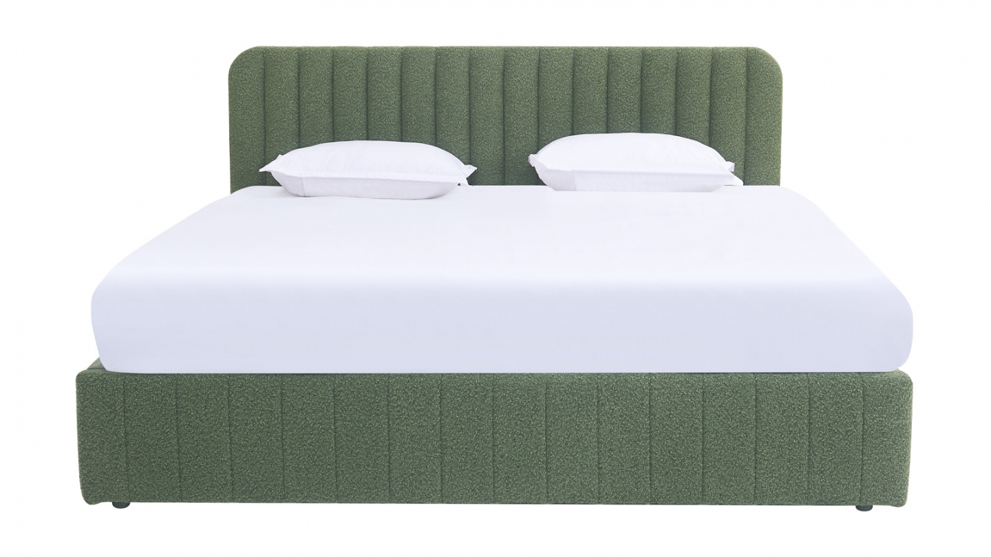 Lit coffre adulte 180x200 cm avec tête de lit capitonnée en tissu bouclé vert - Ava