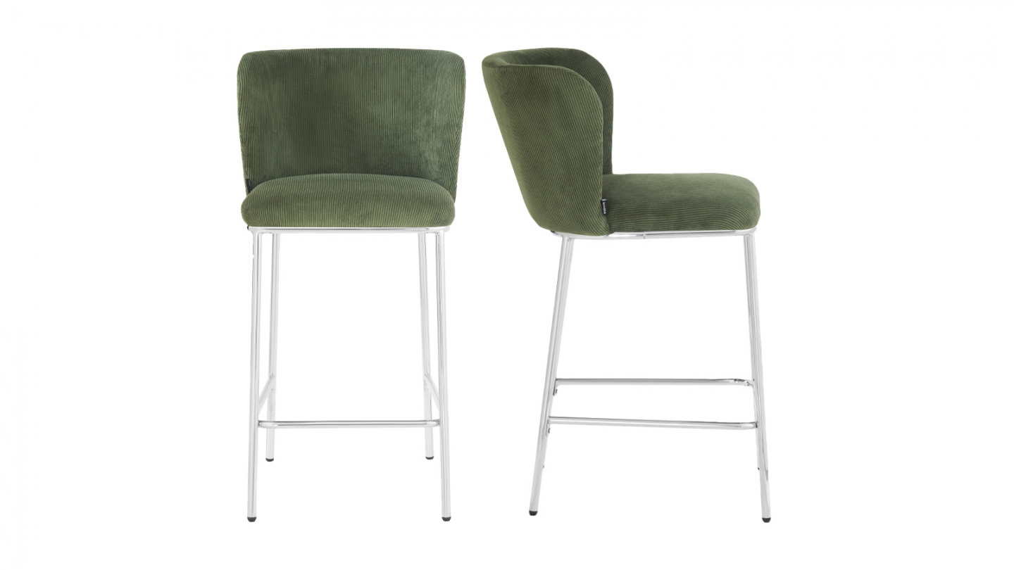 Lot de 2 tabourets de bar en velours côtelé vert kaki, piètement chromé - Toma