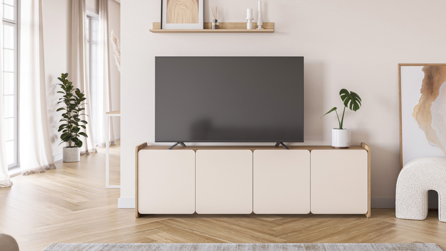 Meuble TV 4 portes beige et décor chêne 180 cm - Sami