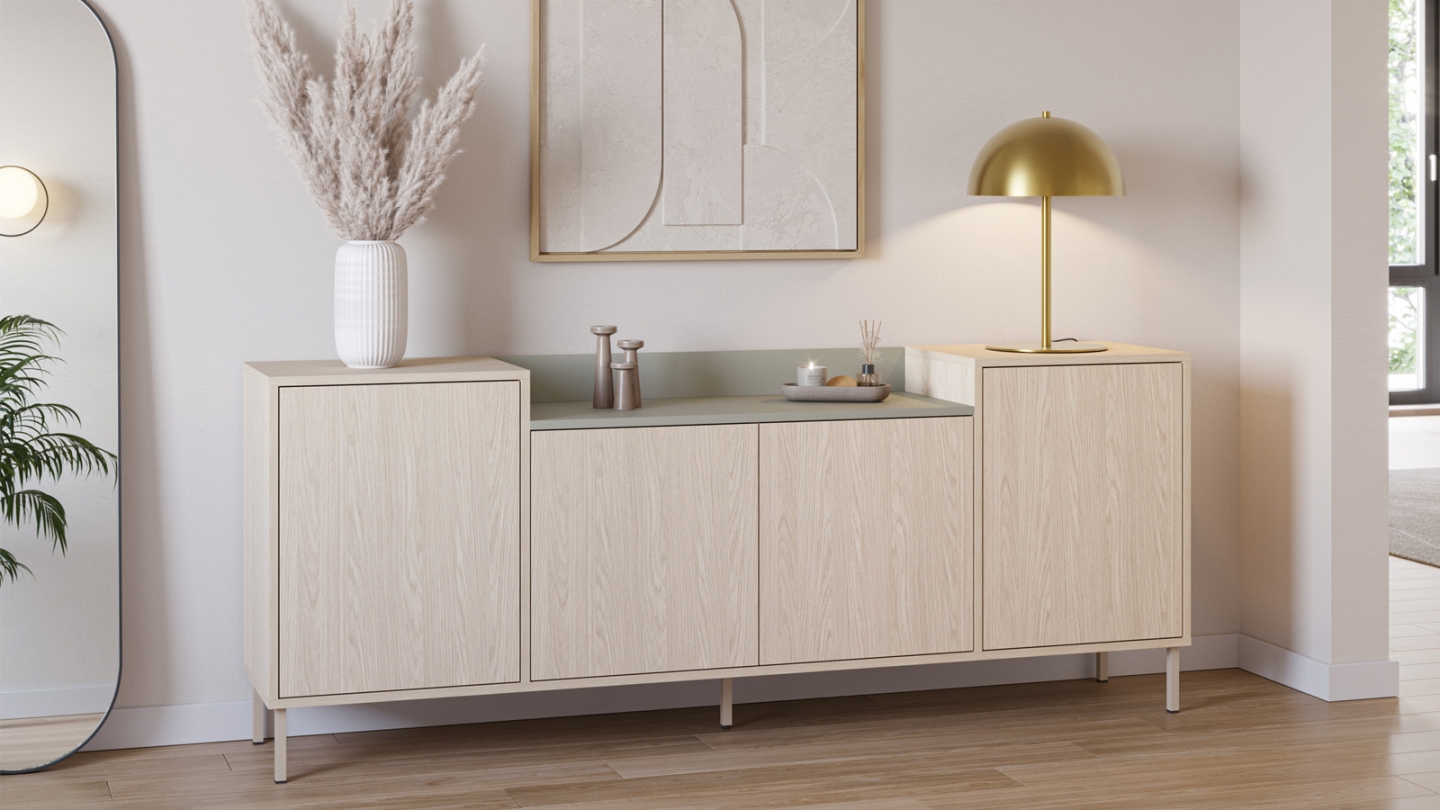 Buffet 4 portes décor chêne clair et vert 200 cm - Amos