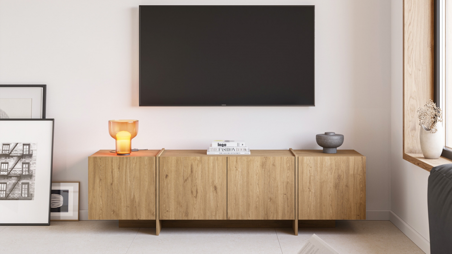 Meuble TV 4 portes décor chêne 180 cm - Owen