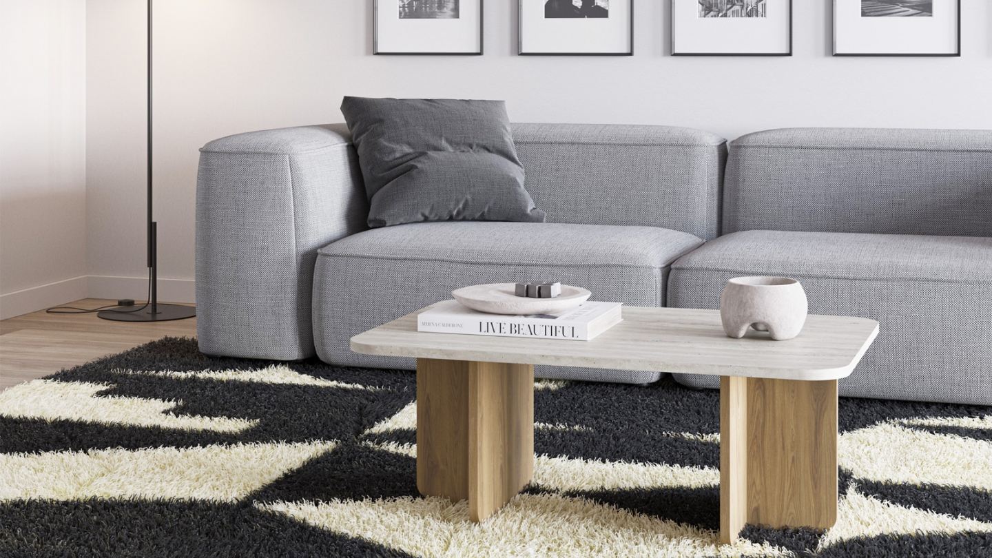 Table basse décor travertin et piètement couleur chêne 100 cm - Mina