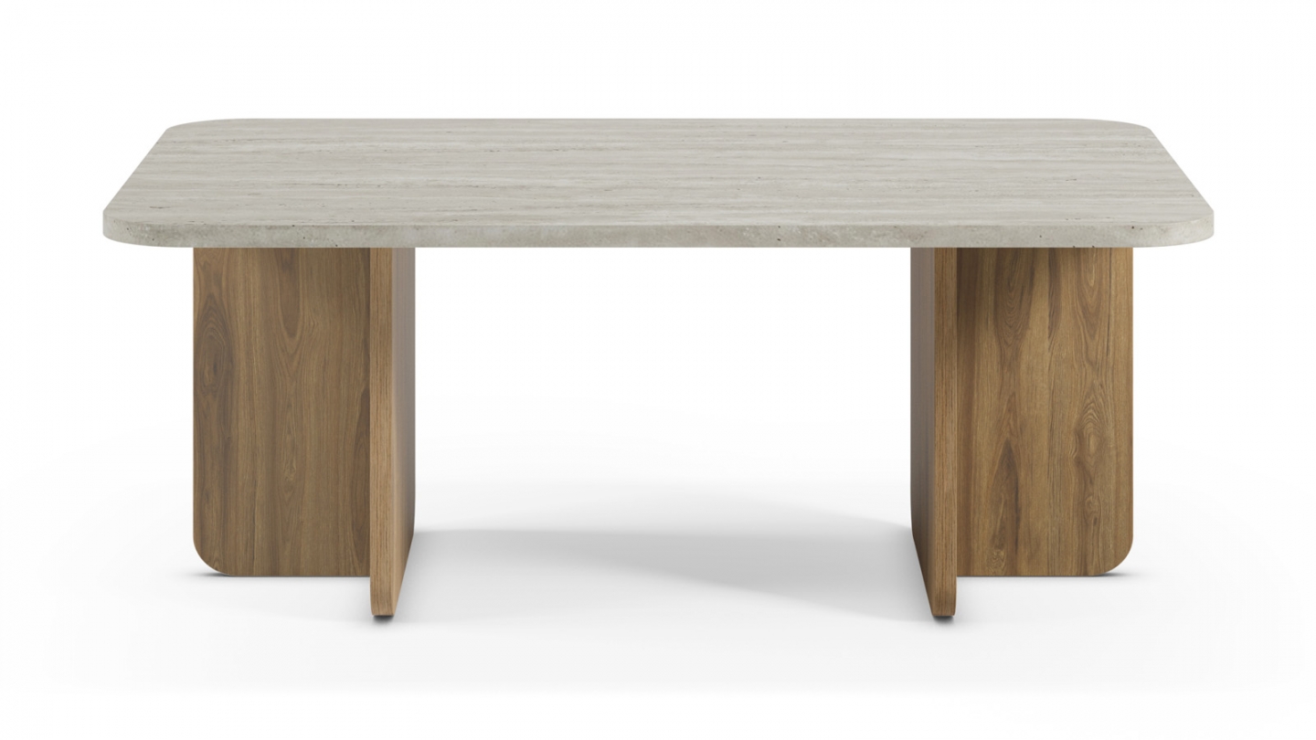 Table basse décor travertin et piètement couleur chêne 100 cm - Mina