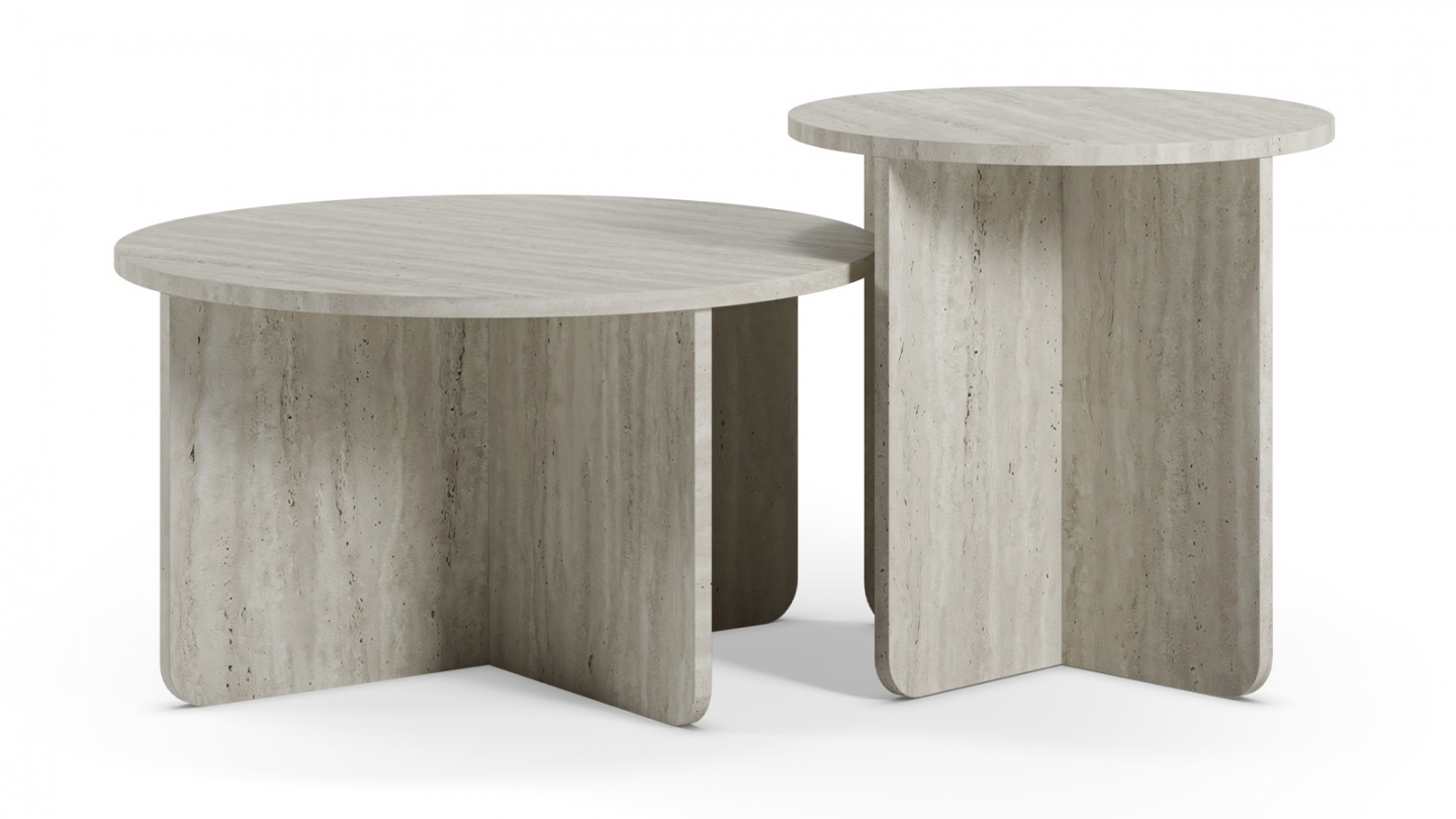 Set de 2 tables basses rondes décor travertin - Mina