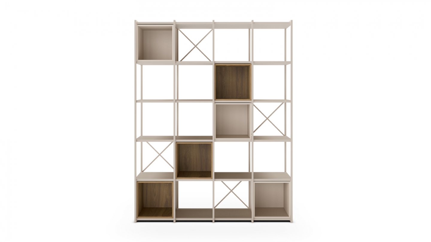 Bibliothèque 5 niveaux en métal beige et décor bois 140 cm - Elie