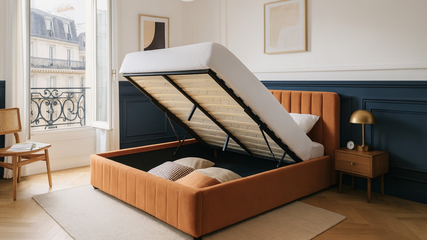 Lit coffre adulte 160x200 cm avec tête de lit capitonnée en velours terracotta - Ava
