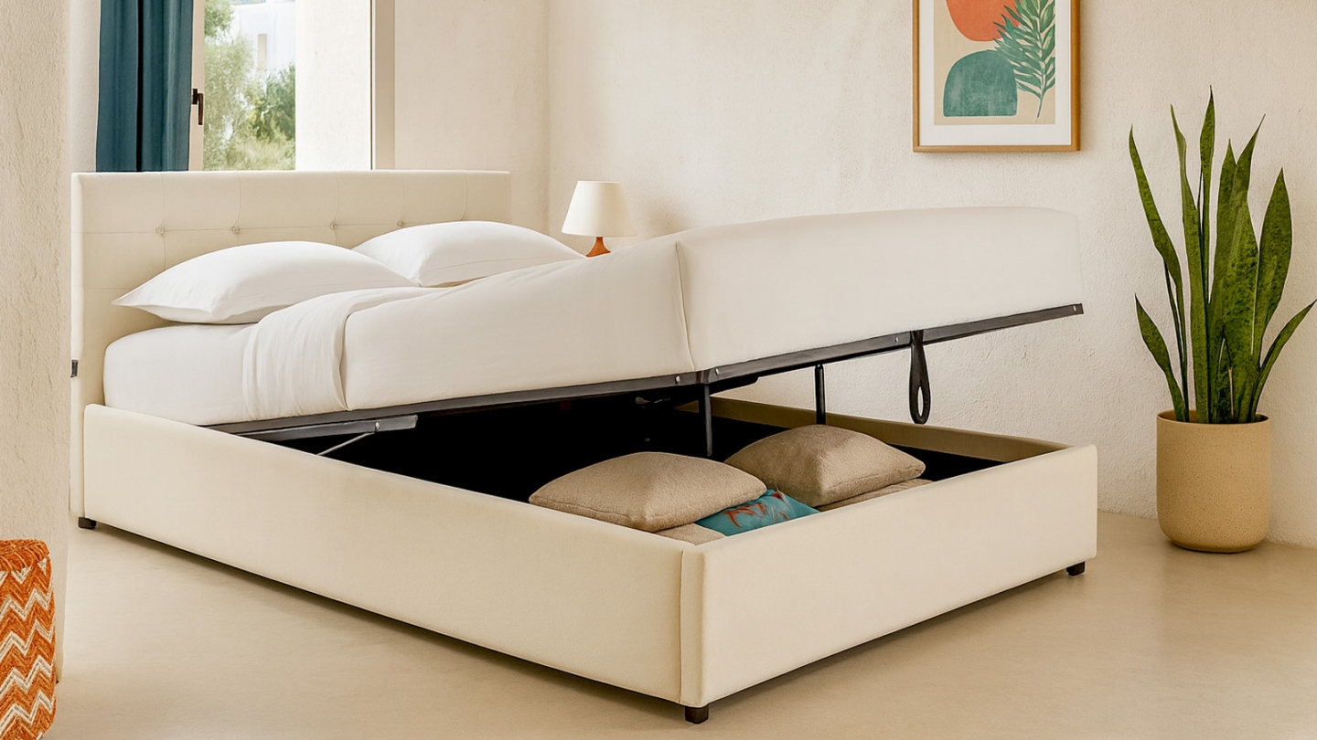 Lit coffre adulte 140x190 cm avec tête de lit capitonnée en velours beige et sommier - Tina