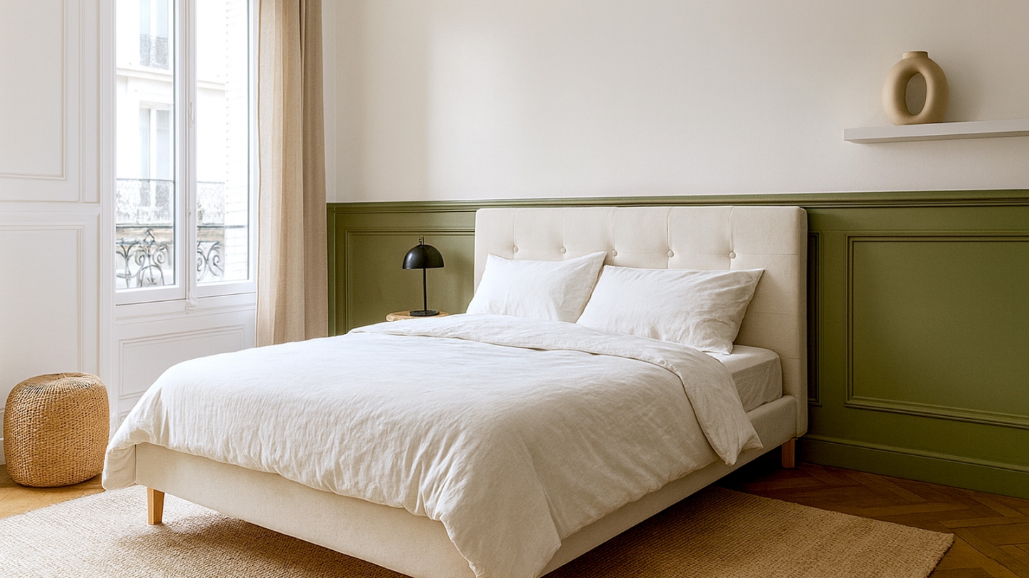 Lit adulte 140x190 cm avec tête de lit capitonnée en velours beige - Milo