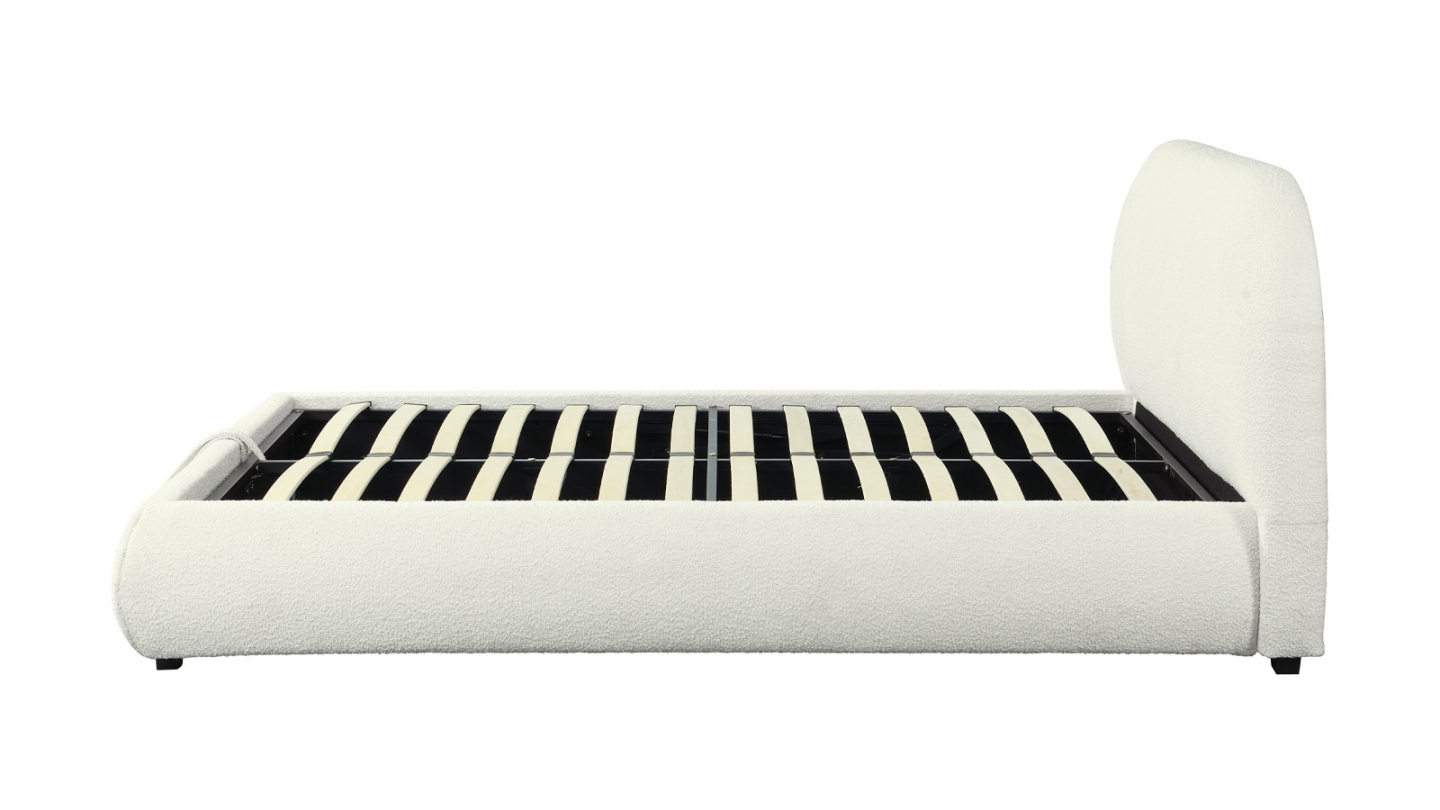 Lit Coffre 140x190 Cm En Tissu Bouclé Beige - Sommier à Lattes Relevable - Rangement Intégré - Structure Bois FSC - Charge 230 Kg