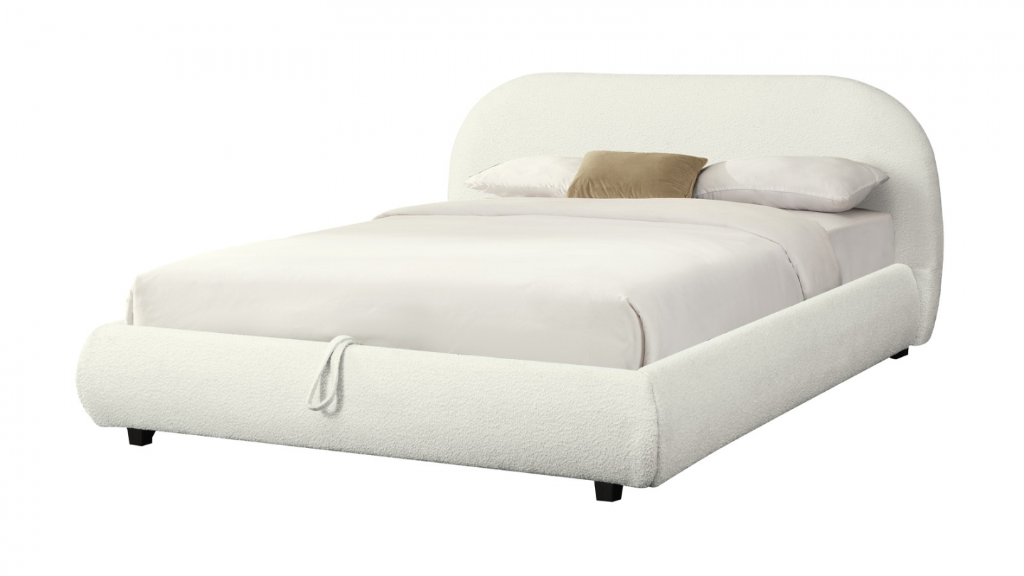 Lit coffre 140x190 cm avec tête de lit matelassée en tissu bouclé beige - Madisson