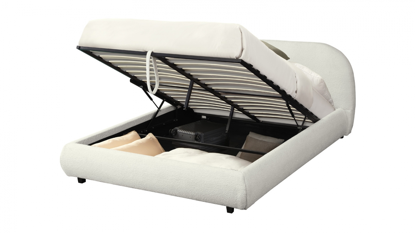 Lit coffre 160x200 cm avec tête de lit matelassée en tissu bouclé beige - Madisson Lit coffre 160x200 cm avec tête de lit matelassée en tissu bouclé beige - Madisson