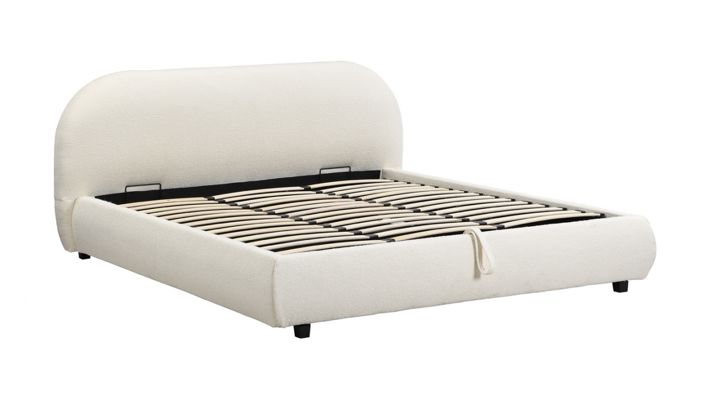 Lit coffre 180x200 cm avec tête de lit matelassée en tissu bouclé beige - Madisson